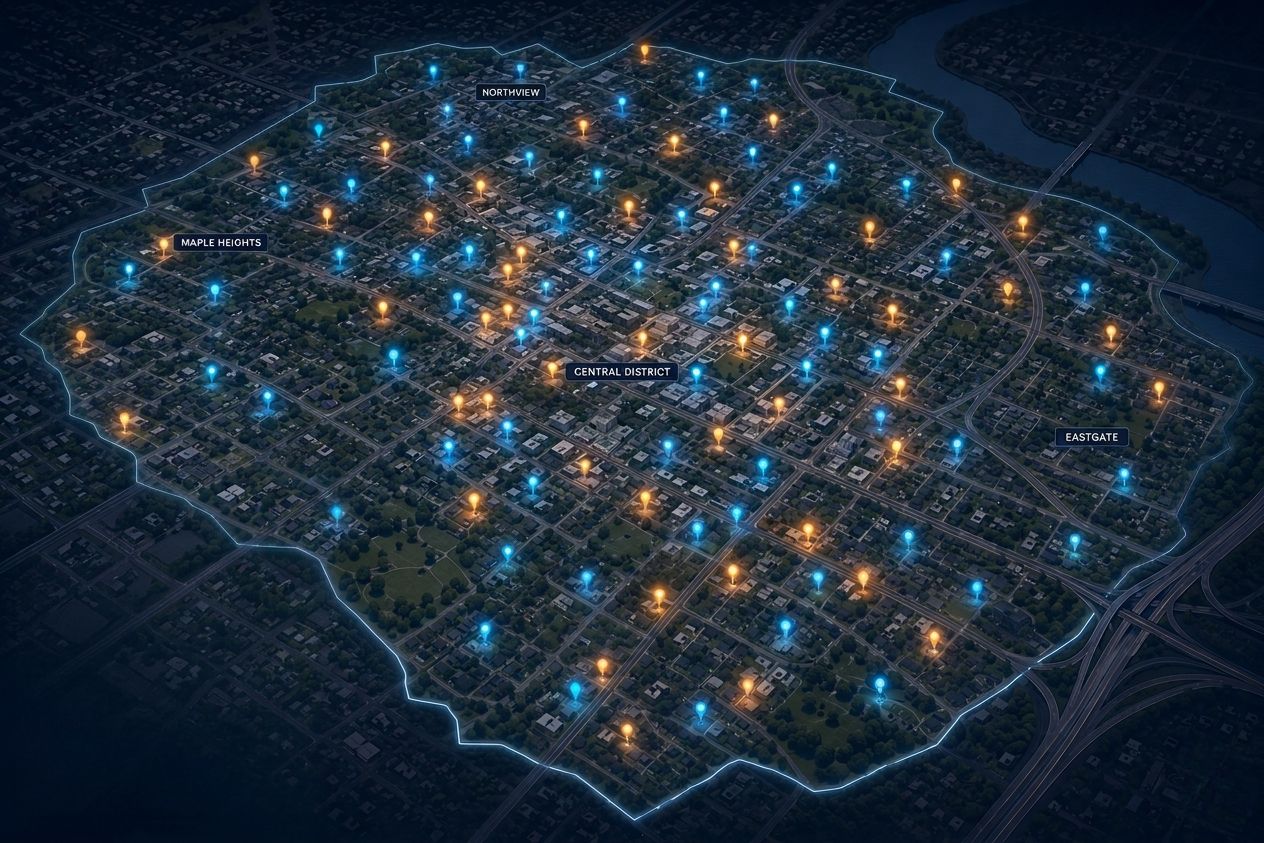 An aerial view of a local territory with glowing pins for each business owner in your audience.
